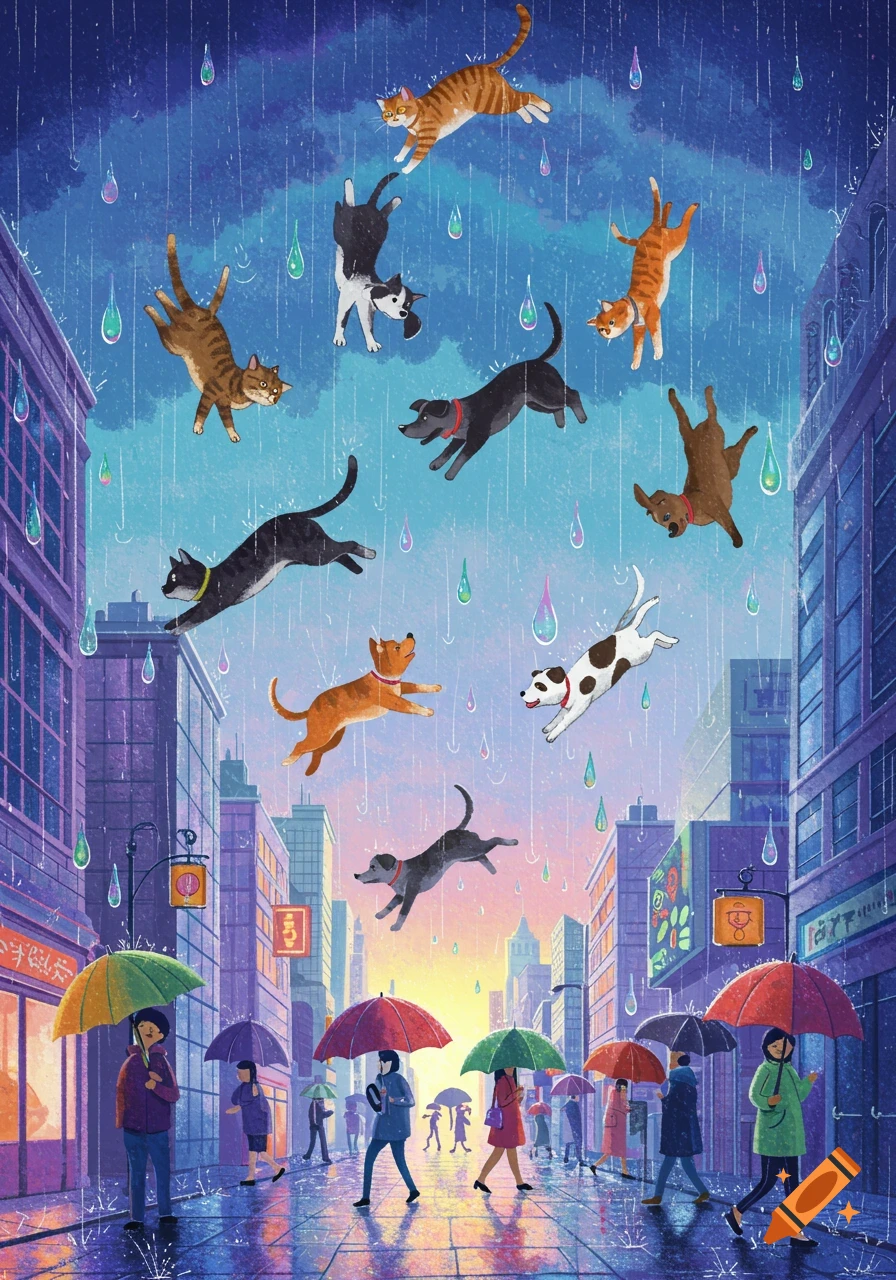 Whimsical illustration of cats and dogs raining onto a colorful city street where people walk with umbrellas.
