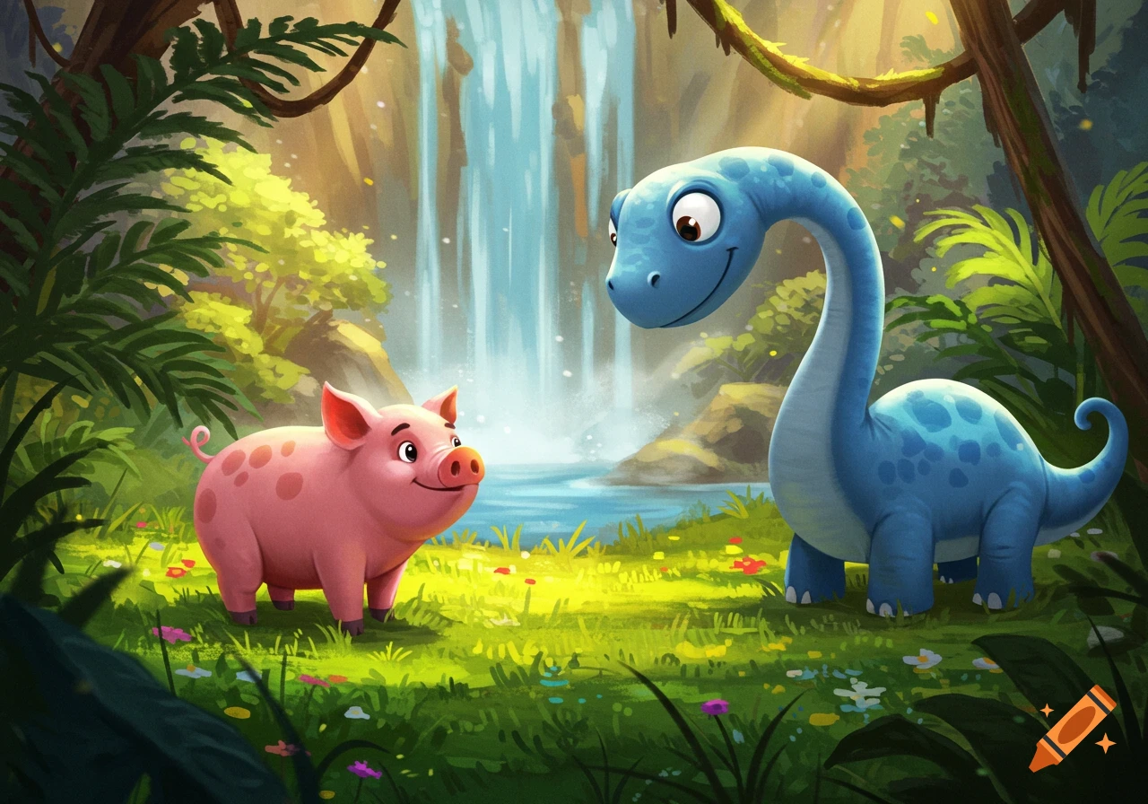 A cheerful cartoon pig and a blue dinosaur smile at each other in a vibrant jungle with a waterfall and lush greenery.