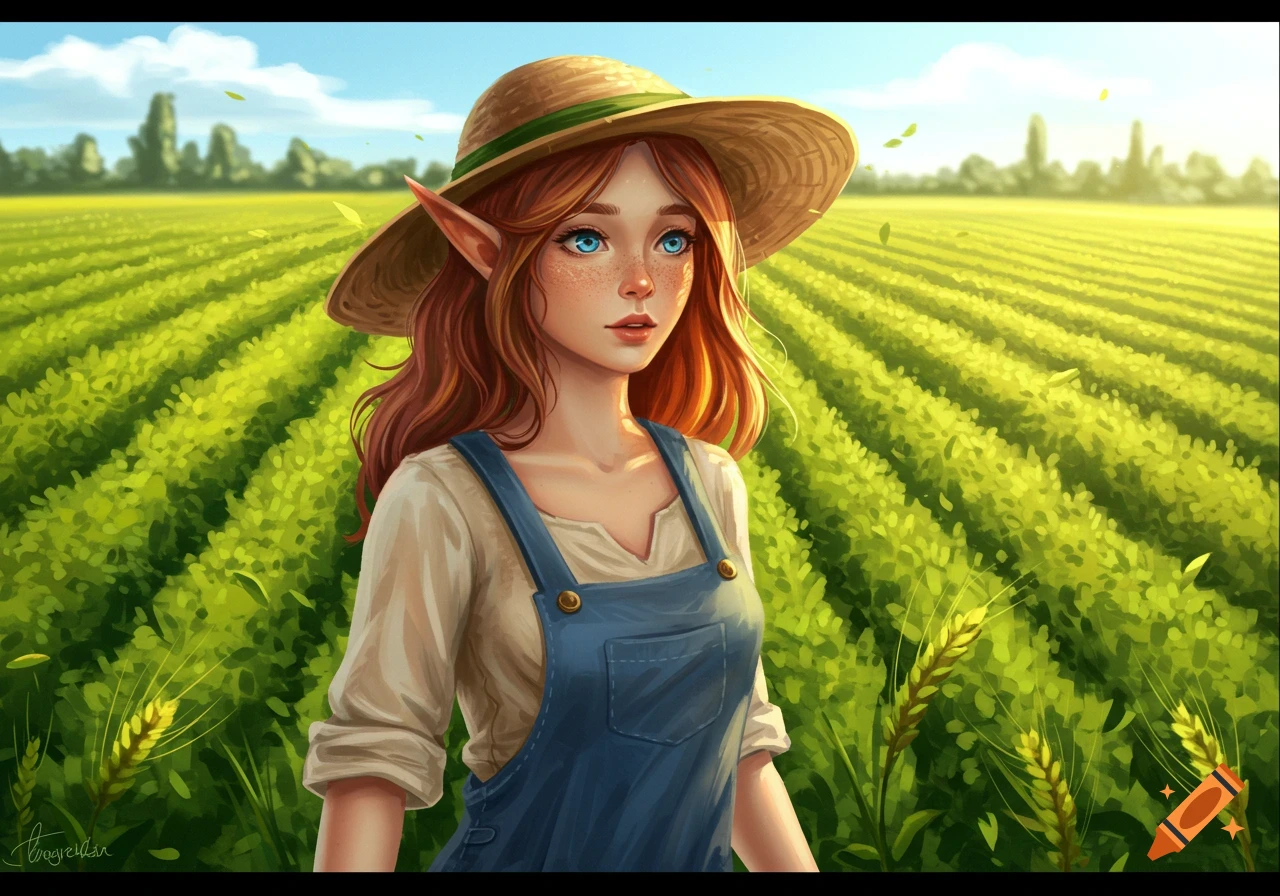 A digital painting of a strawberry blonde elf girl with blue eyes and freckles, wearing a straw hat and overalls, standing in a vibrant green field.