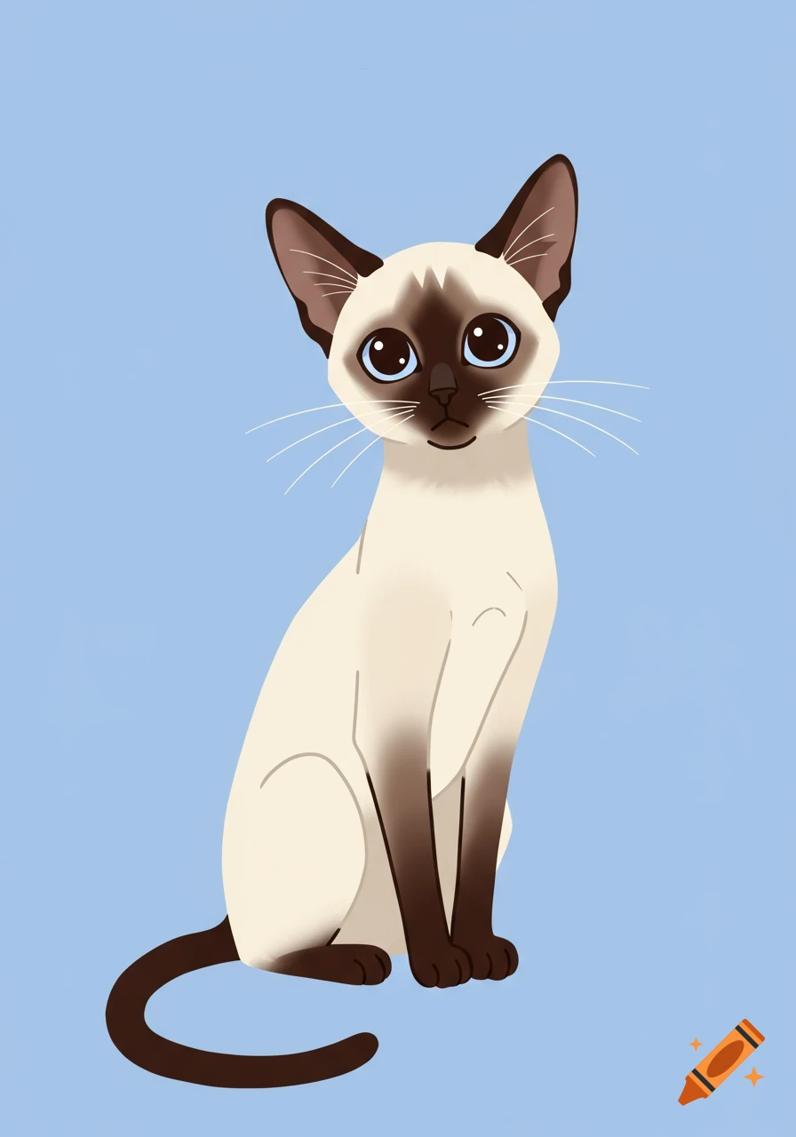 A charming cartoon Siamese cat with brown points and bright blue eyes sits upright against a plain light blue background.