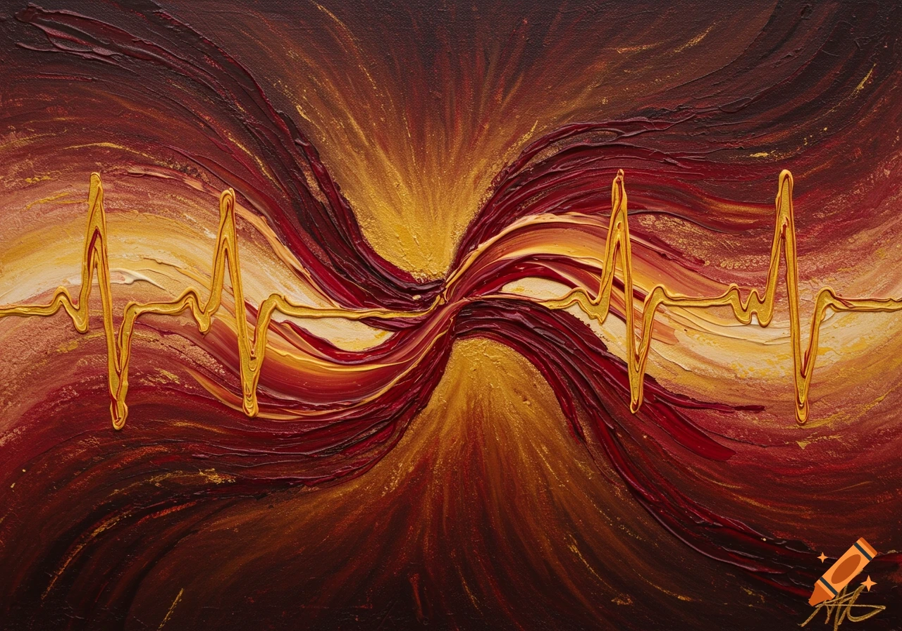 Abstract expressionist painting with textured brushstrokes in red, gold, and brown, depicting a stylized golden heartbeat line.