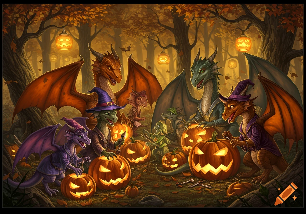 Several dragons in witch hats carve glowing jack-o'-lanterns in a magical autumn forest at night, surrounded by fallen leaves.