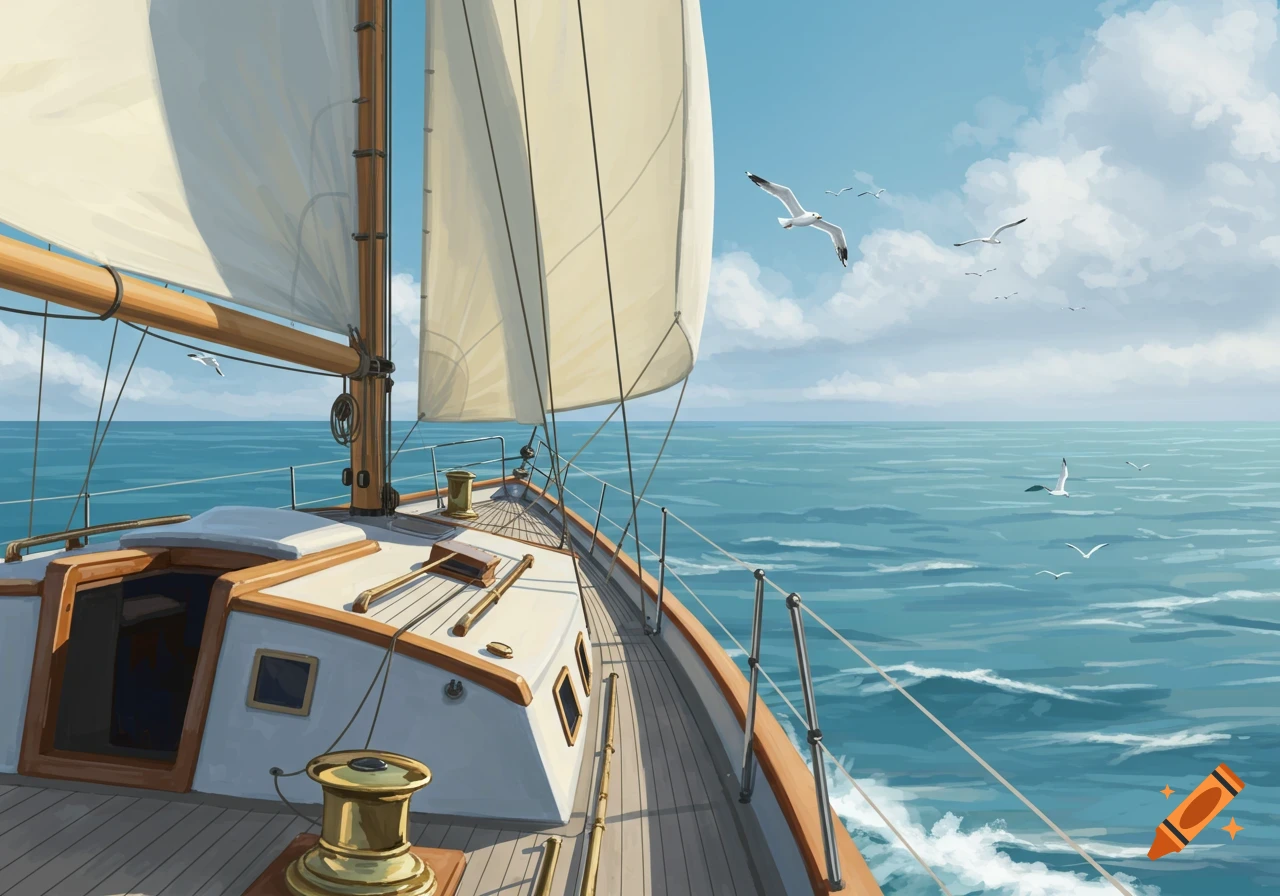 Digital painting of a sailboat on the open ocean under a blue sky, with white sails and seagulls flying.