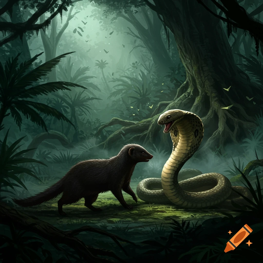 A dark mongoose faces a king cobra in a misty, overgrown jungle, digital illustration.