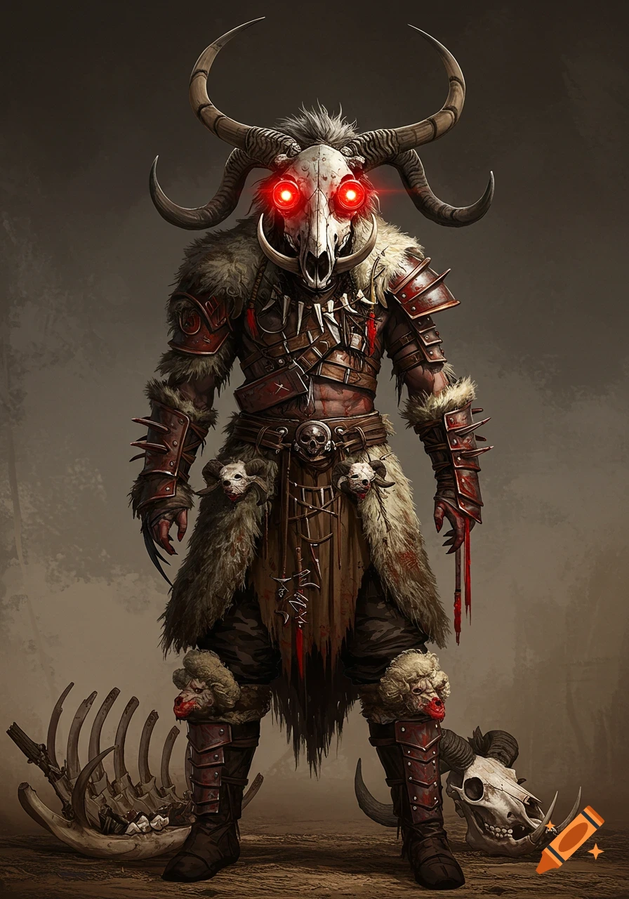 A dark fantasy warrior wearing a horned animal skull mask with glowing red eyes, fur, leather armor, and adorned with animal skulls and bones.