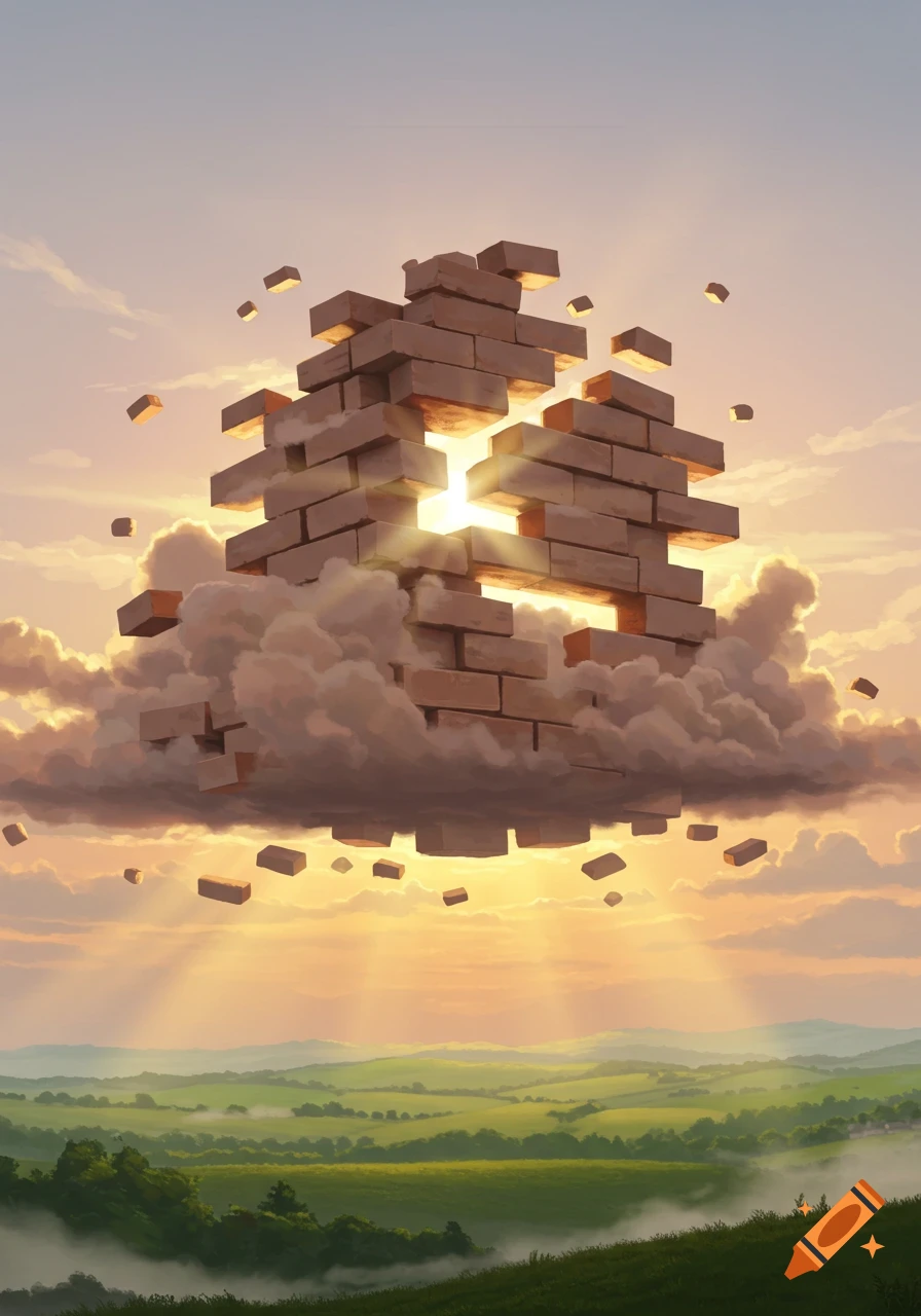 A surreal floating brick structure surrounded by clouds, with sunlight bursting through, over a green, rolling landscape at sunset.