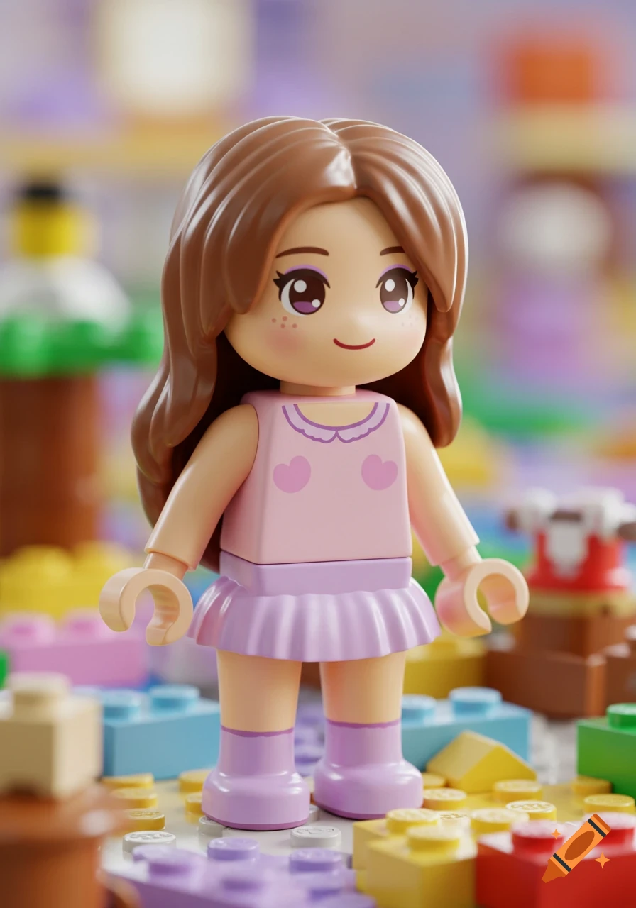 A cute Lego girl with long brown hair, wearing a pink top with hearts and a purple skirt, standing on colorful Lego bricks.