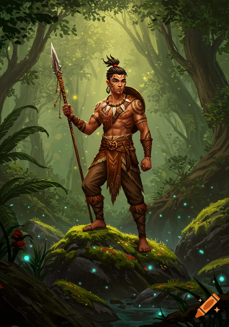 A young warrior with tribal tattoos and a spear stands on a mossy rock in a lush, luminous jungle.