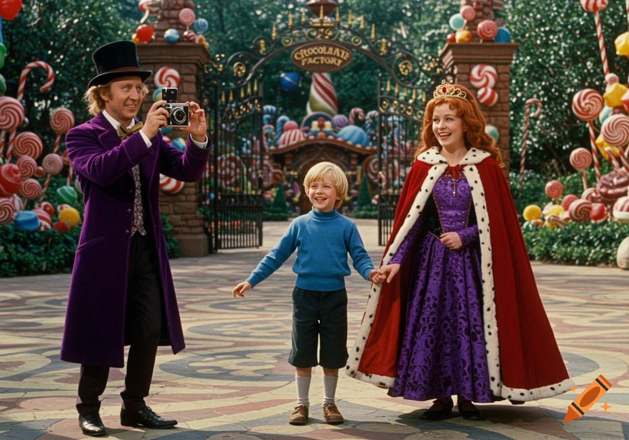 Willy Wonka photographs Charlie Bucket and Queen Veruca outside a candy-filled Chocolate Factory entrance, a whimsical scene.