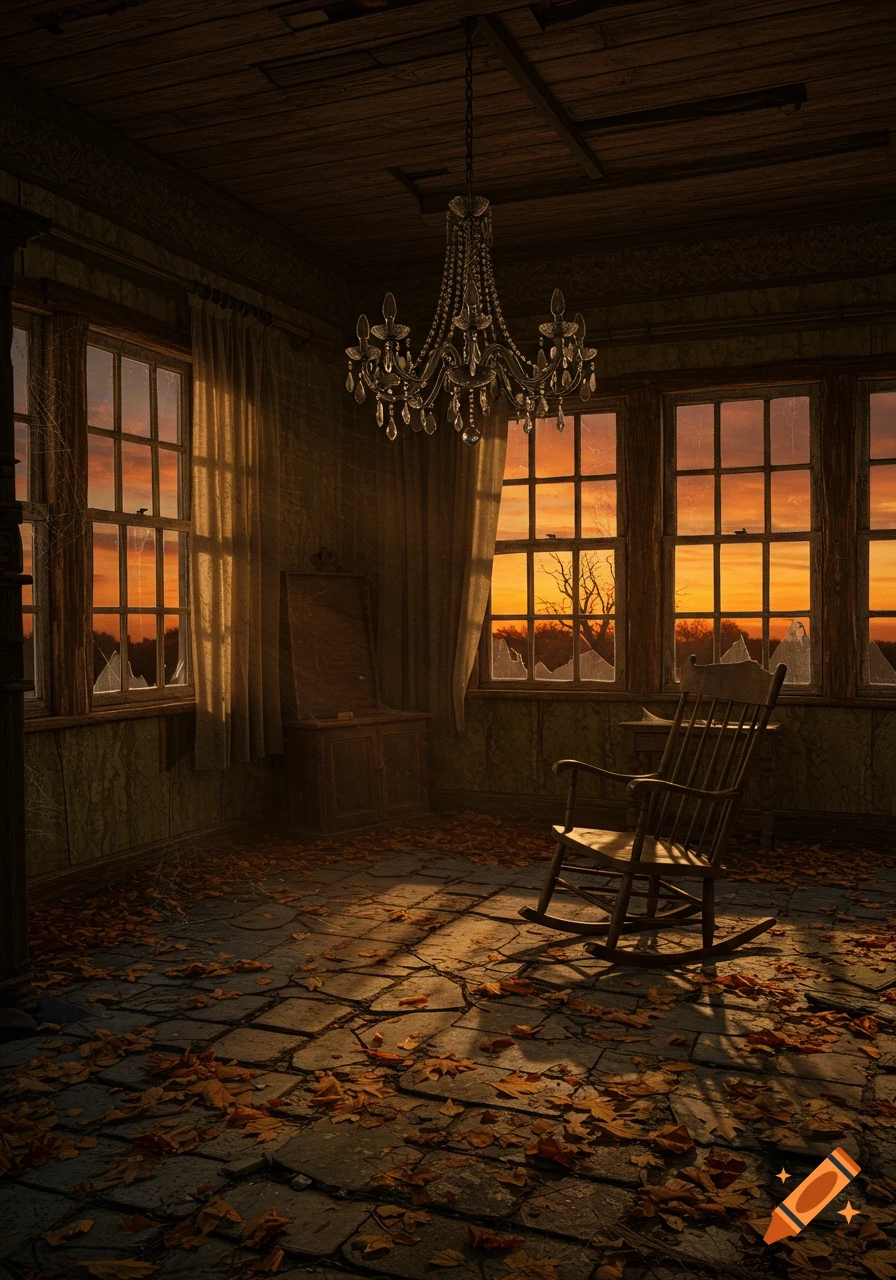 Abandoned room with a rocking chair, chandelier, broken windows, and autumn leaves on the floor, illuminated by a golden sunset.