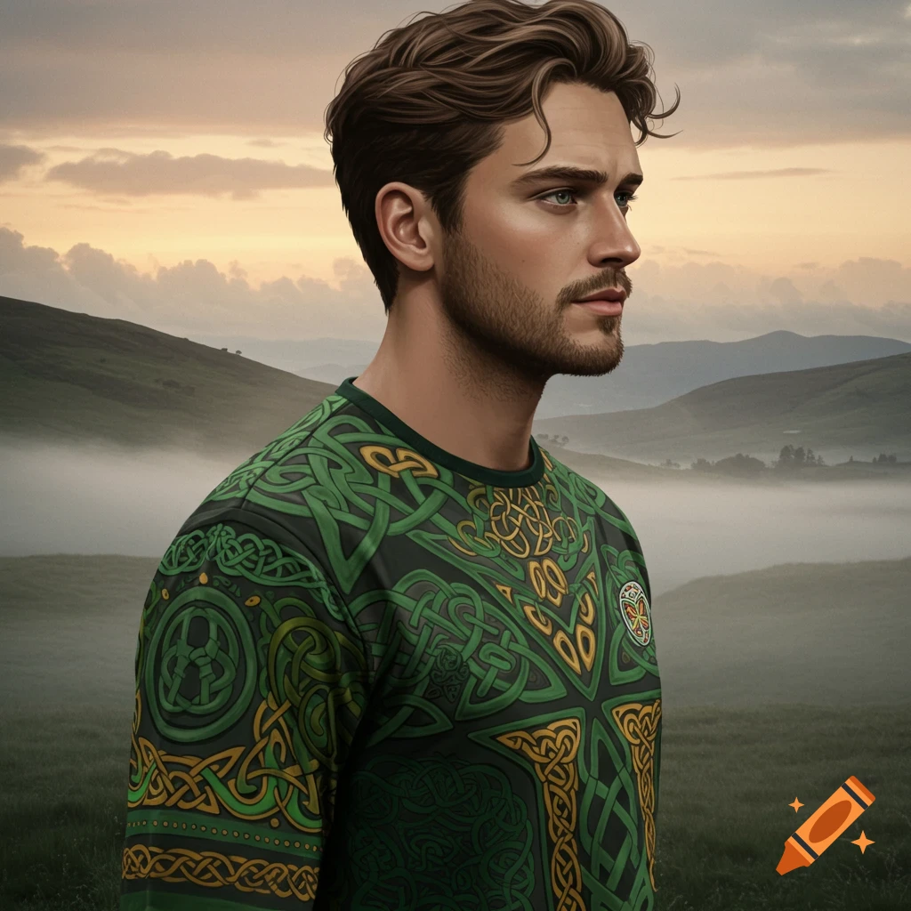 A man with a beard in a green Celtic knot pattern shirt looks right over a misty, hilly landscape at sunset. Photorealistic.