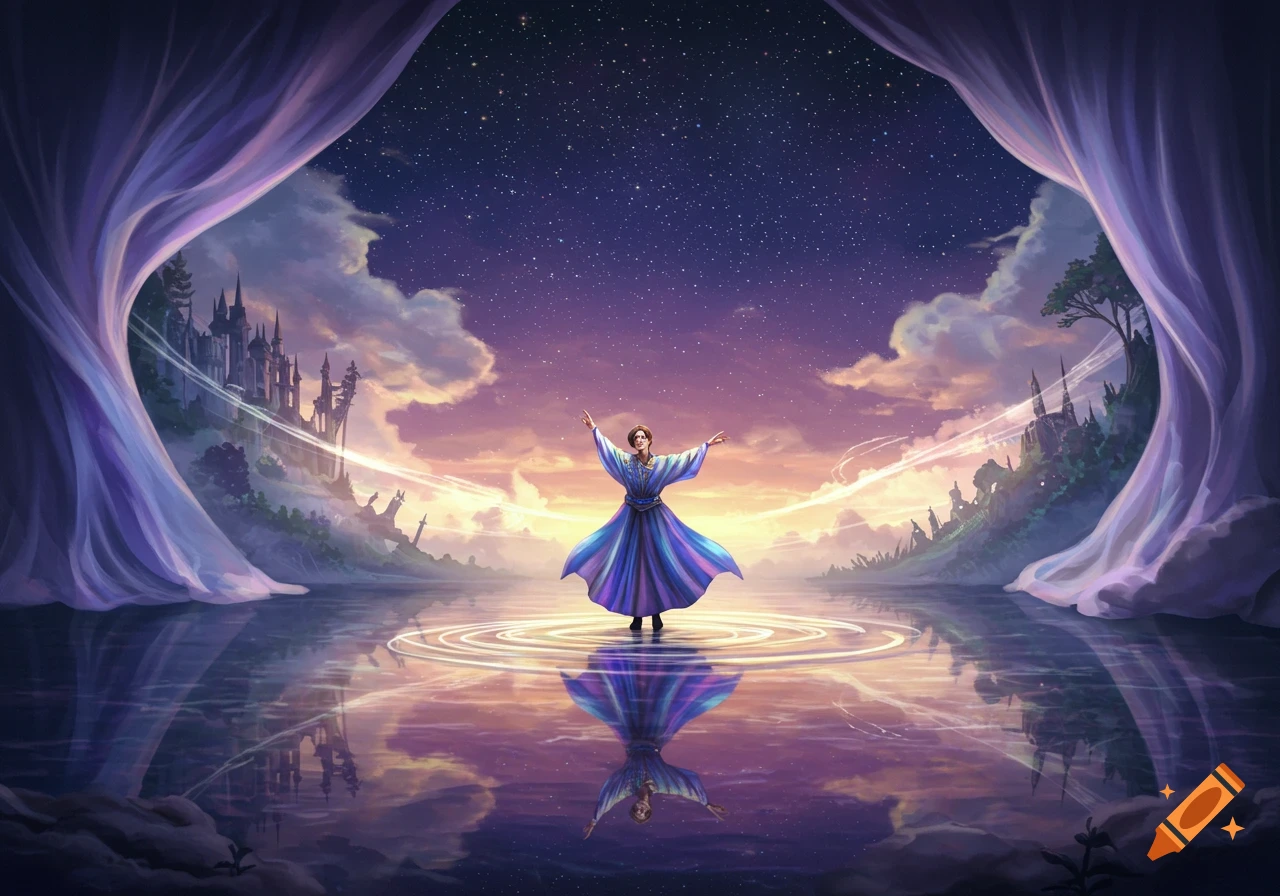 A person in a flowing blue and purple dress stands on water with outstretched arms, reflecting a starry sky and distant castles at sunset.