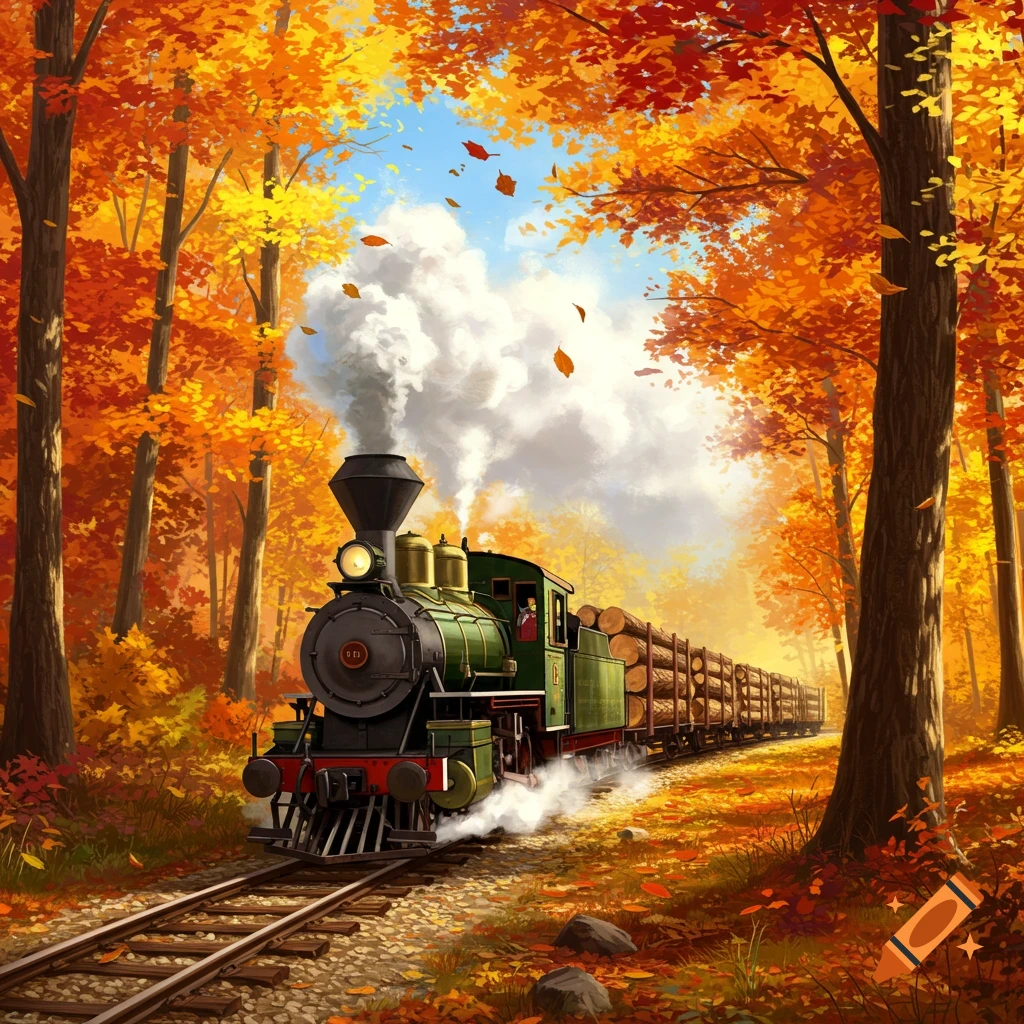 A green steam logging locomotive pulls log cars through a vibrant autumn forest with orange and yellow leaves.