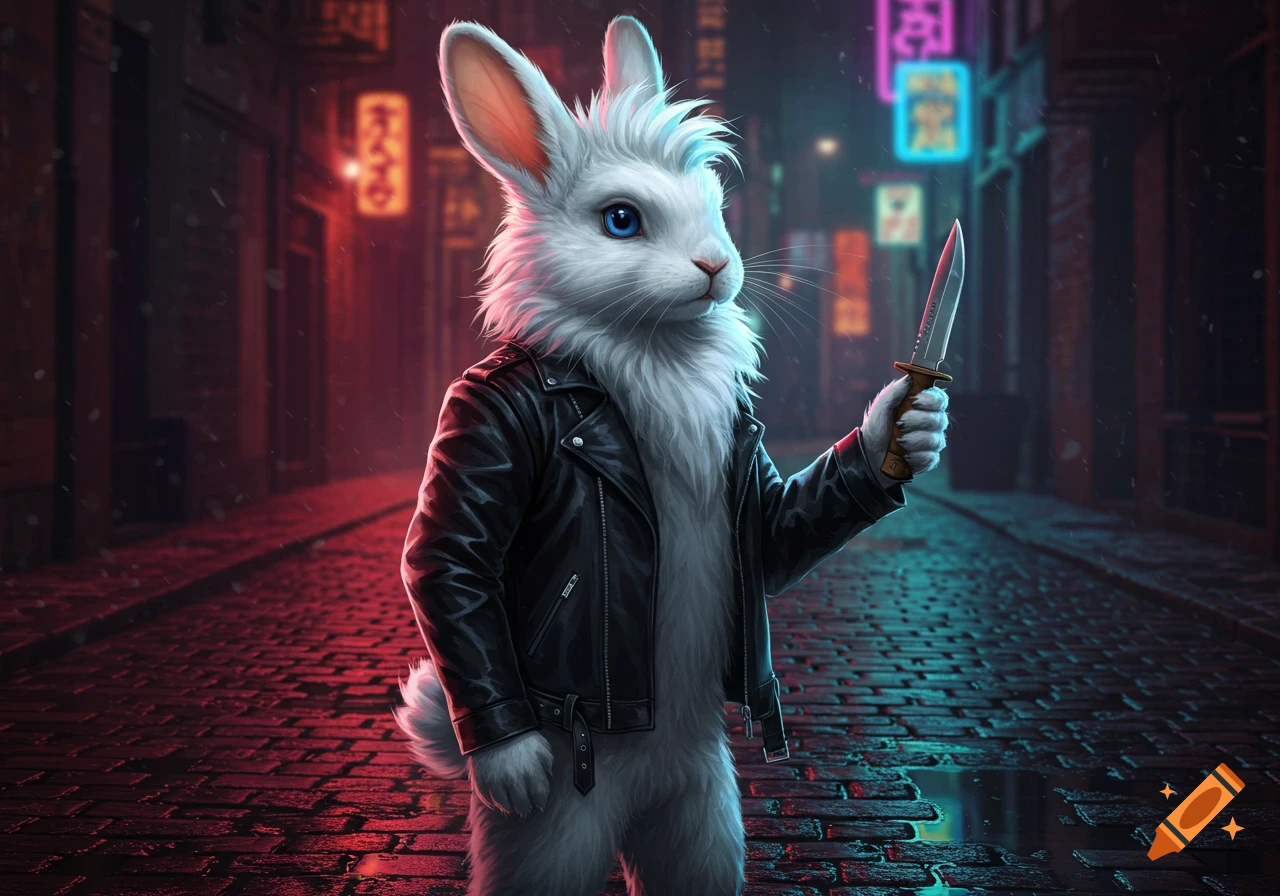 A white, fluffy anthropomorphic rabbit in a leather jacket holds a knife in a neon-lit cyberpunk alley.