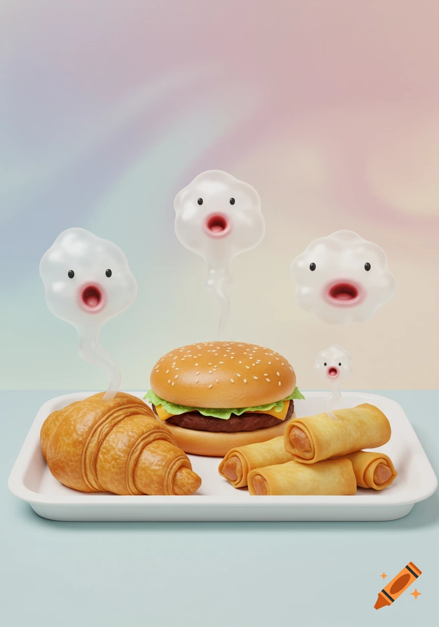 A white tray holds a croissant, burger, and spring rolls, with whimsical white cloud-like ghosts rising from them, appearing to burp, in a digital art style.