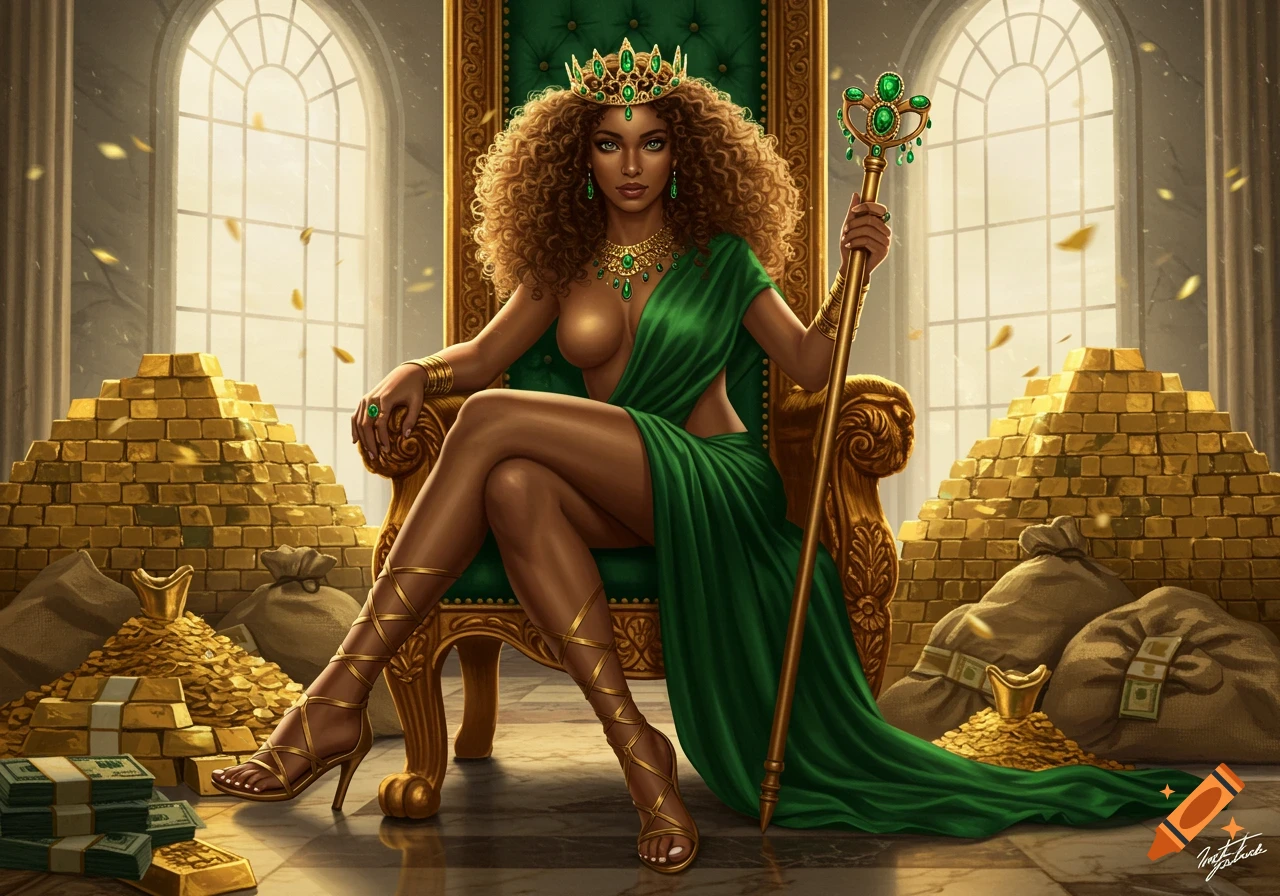 Semi-realistic illustration of a biracial queen with curly hair, emerald crown, and green dress, seated on a golden throne amidst piles of gold and money.