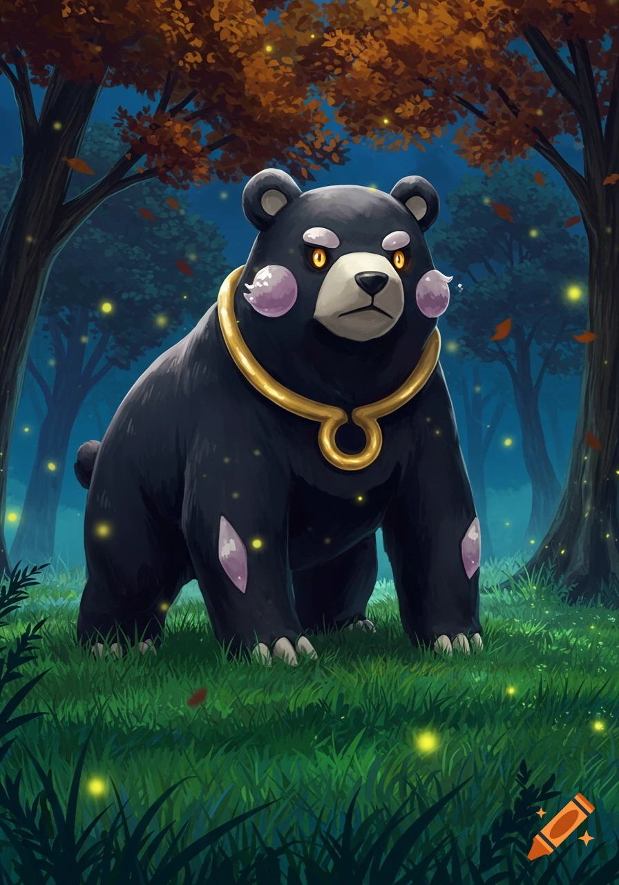 A stylized black bear with glowing yellow eyes and a gold collar stands in a dark forest at night, surrounded by glowing fireflies.