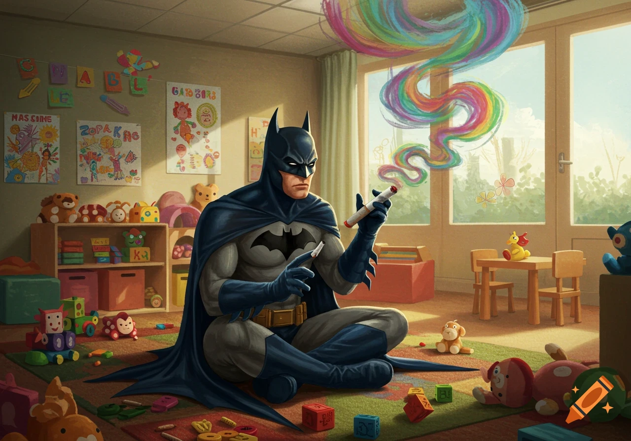 Batman sits cross-legged in a colorful daycare, holding a marker emitting rainbow smoke, surrounded by toys and child art.