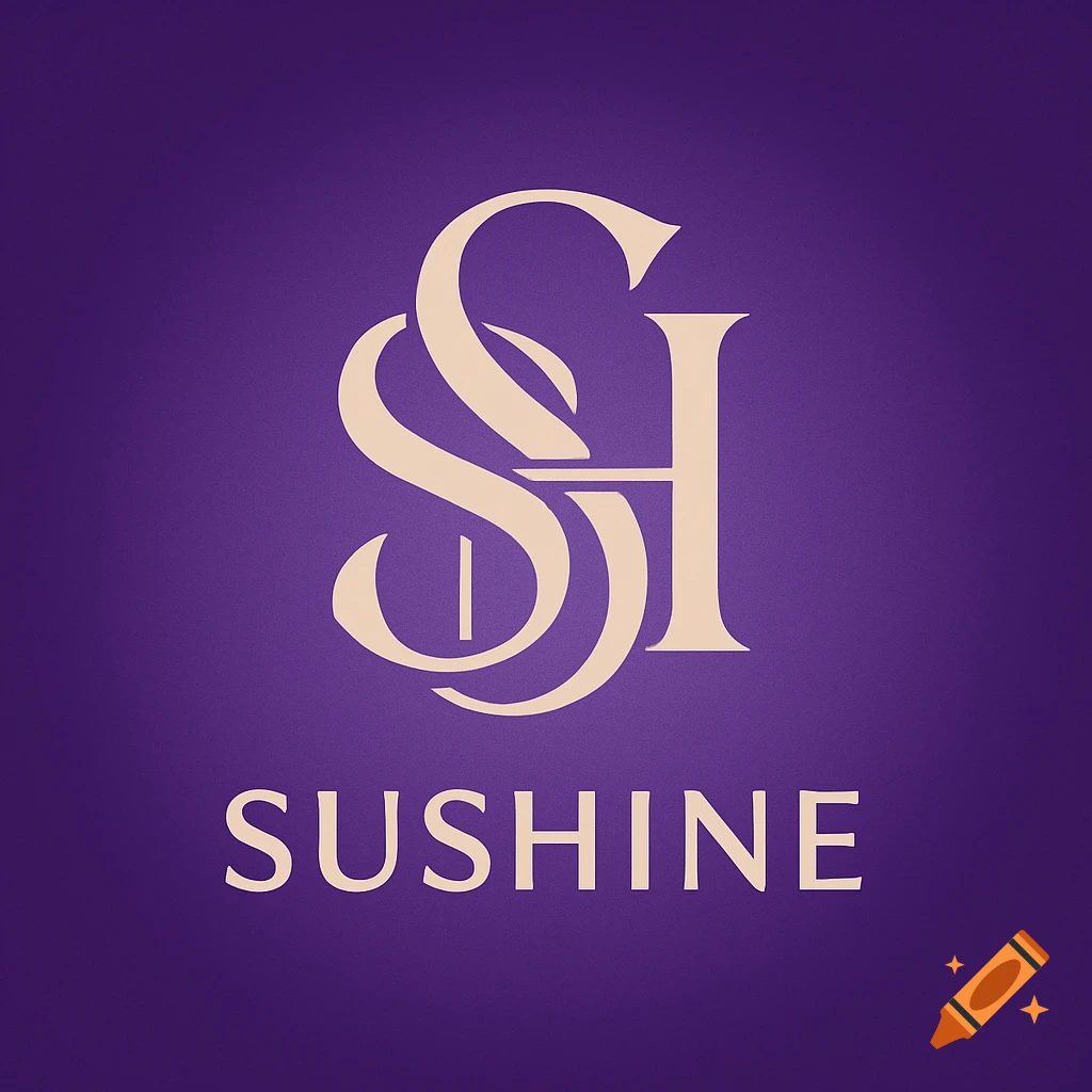 A beige K-pop group logo on a violet background, featuring intertwined 'S' and 'H' letters above the word 'SUSHINE'.