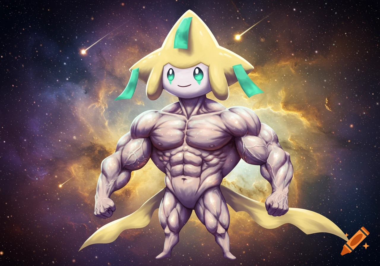 Jirachi Pokémon with a highly muscular bodybuilder physique floats in a starry nebula space background.