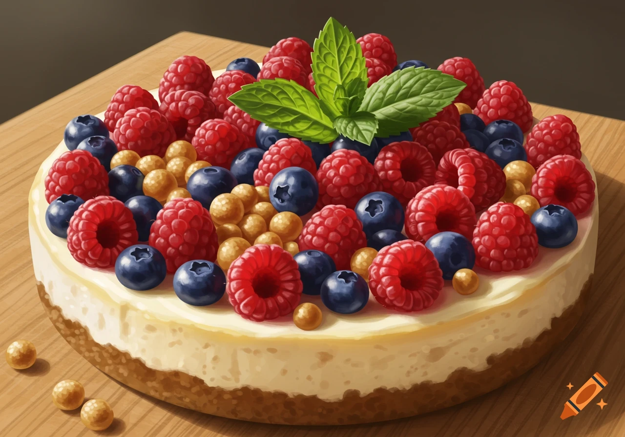 Lush cheesecake topped with red raspberries, blue blueberries, golden spheres, and fresh mint on a wooden table. Realistic illustration.