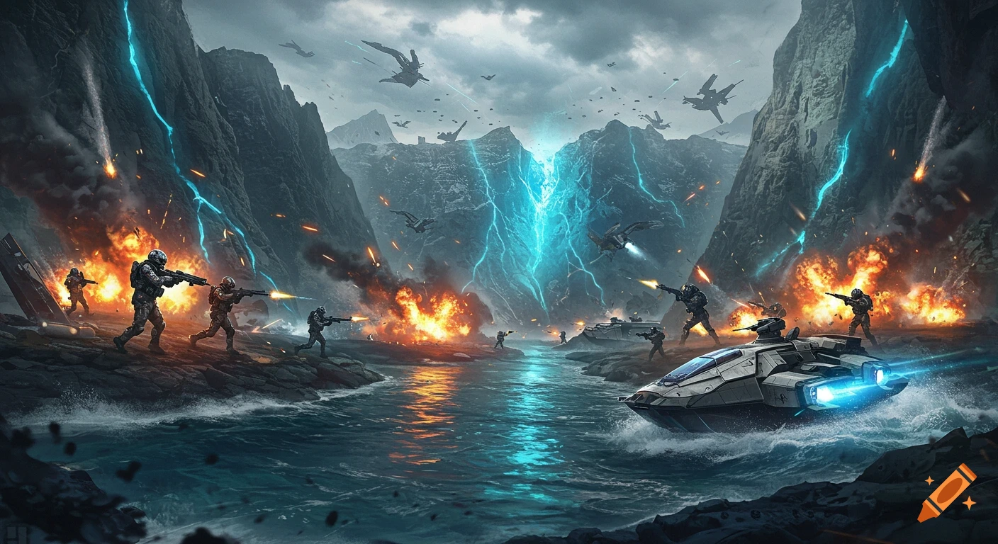 Futuristic military battle in a mountainous valley with soldiers, explosions, spacecraft, and a boat on a river, under a blue energy rift.