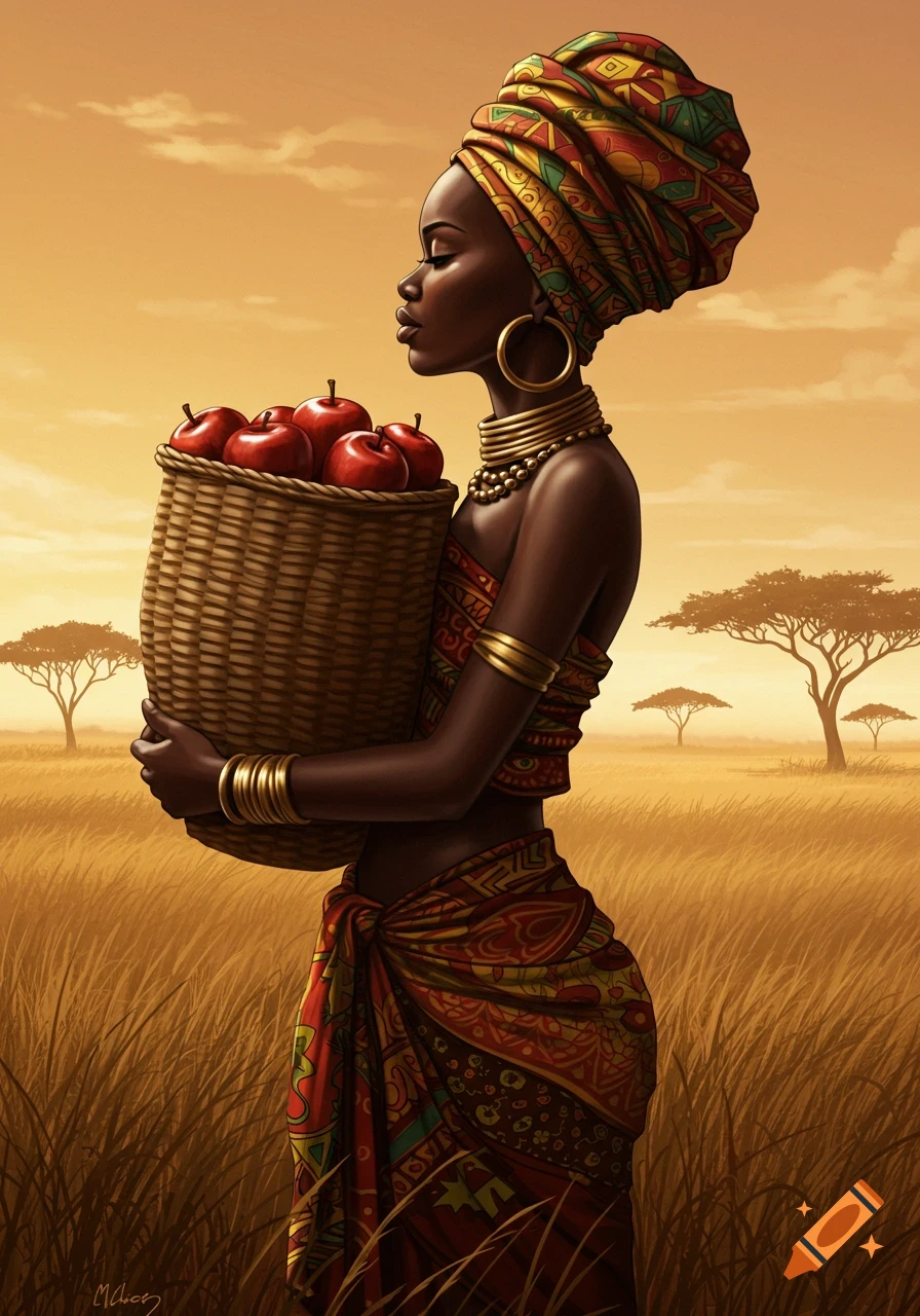 Illustrated African woman in traditional attire carrying a basket of red apples in a golden savanna.