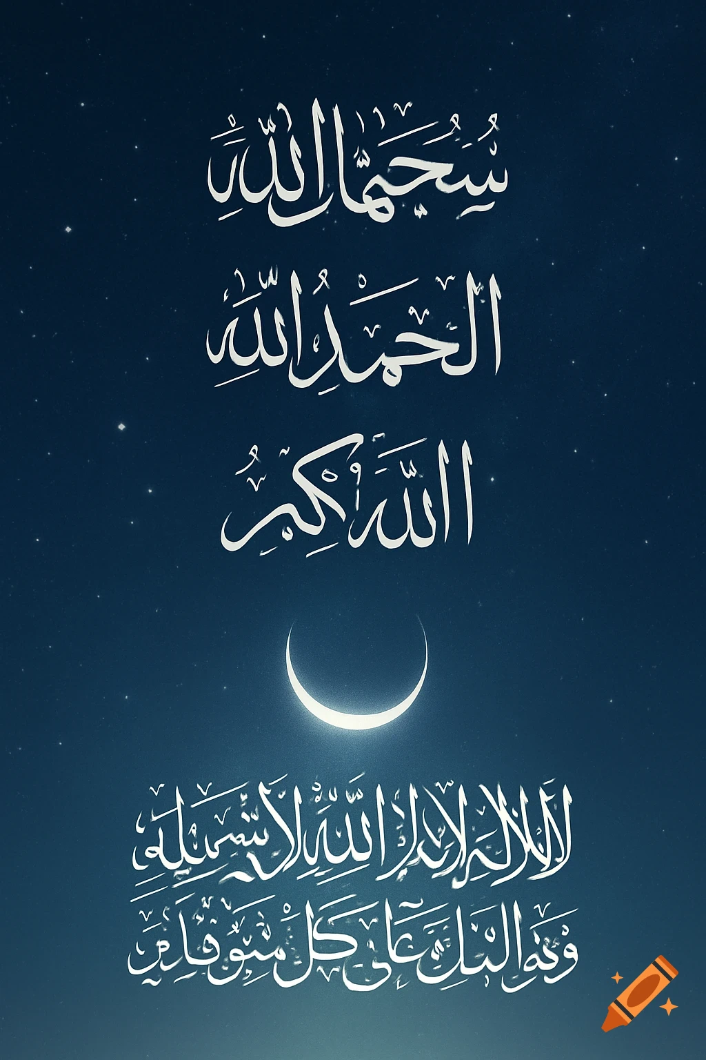 Islamic calligraphy in white on a dark blue starry night sky, with a glowing crescent moon.