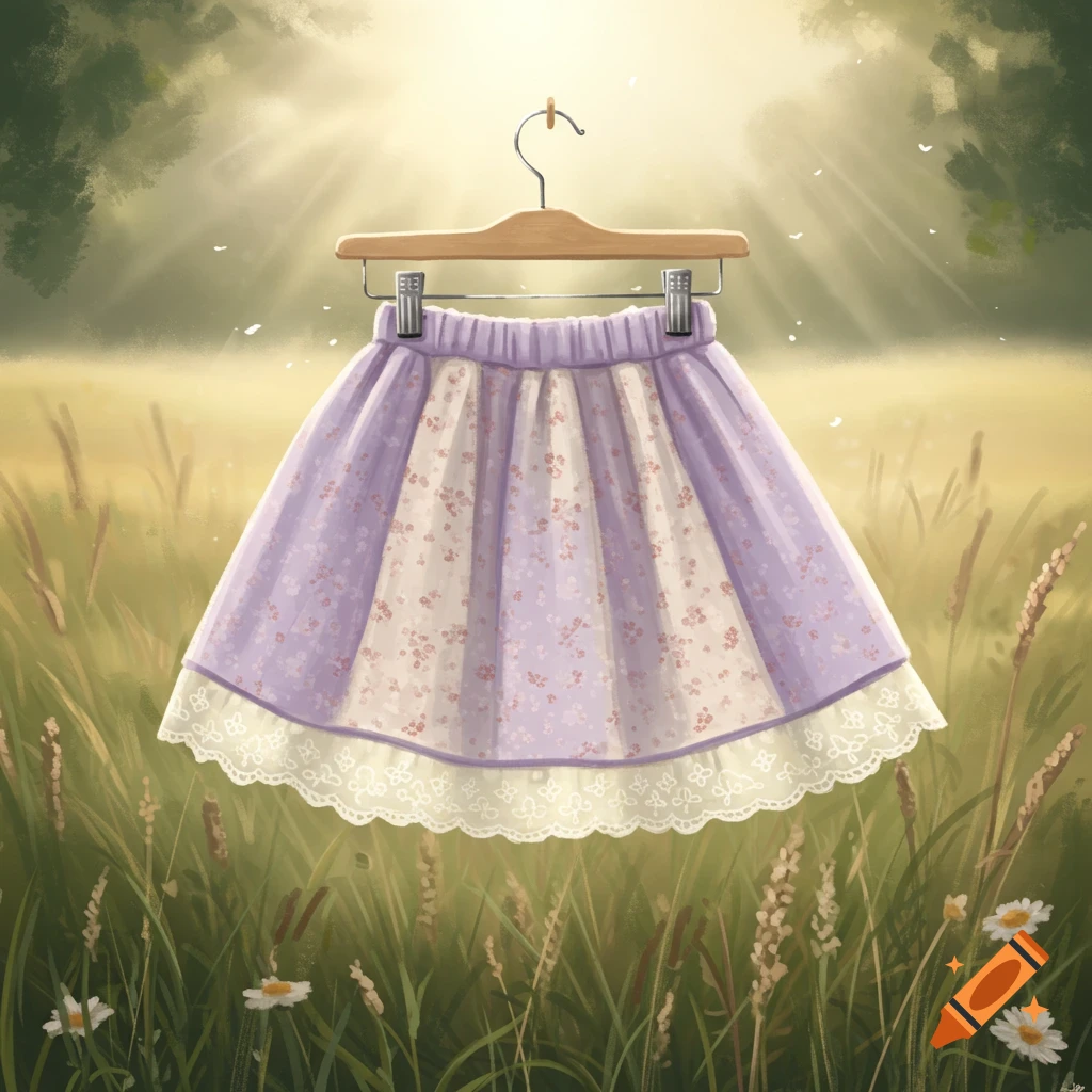 A purple and white floral skirt with a lace trim hangs on a wooden hanger in a sunny field of tall grass and wildflowers.