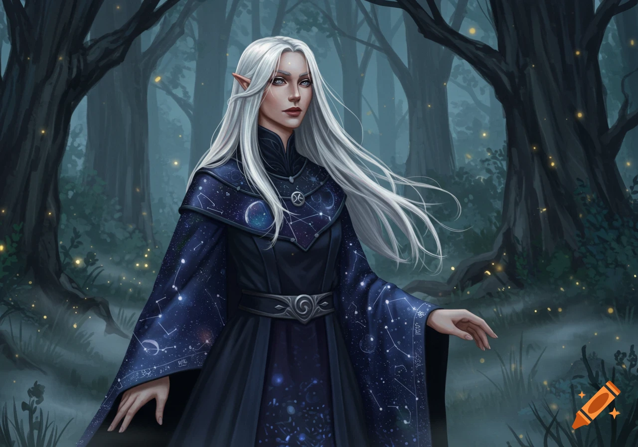 A white-haired elf woman in a dark, constellation-patterned dress stands in a mystical forest with glowing particles.