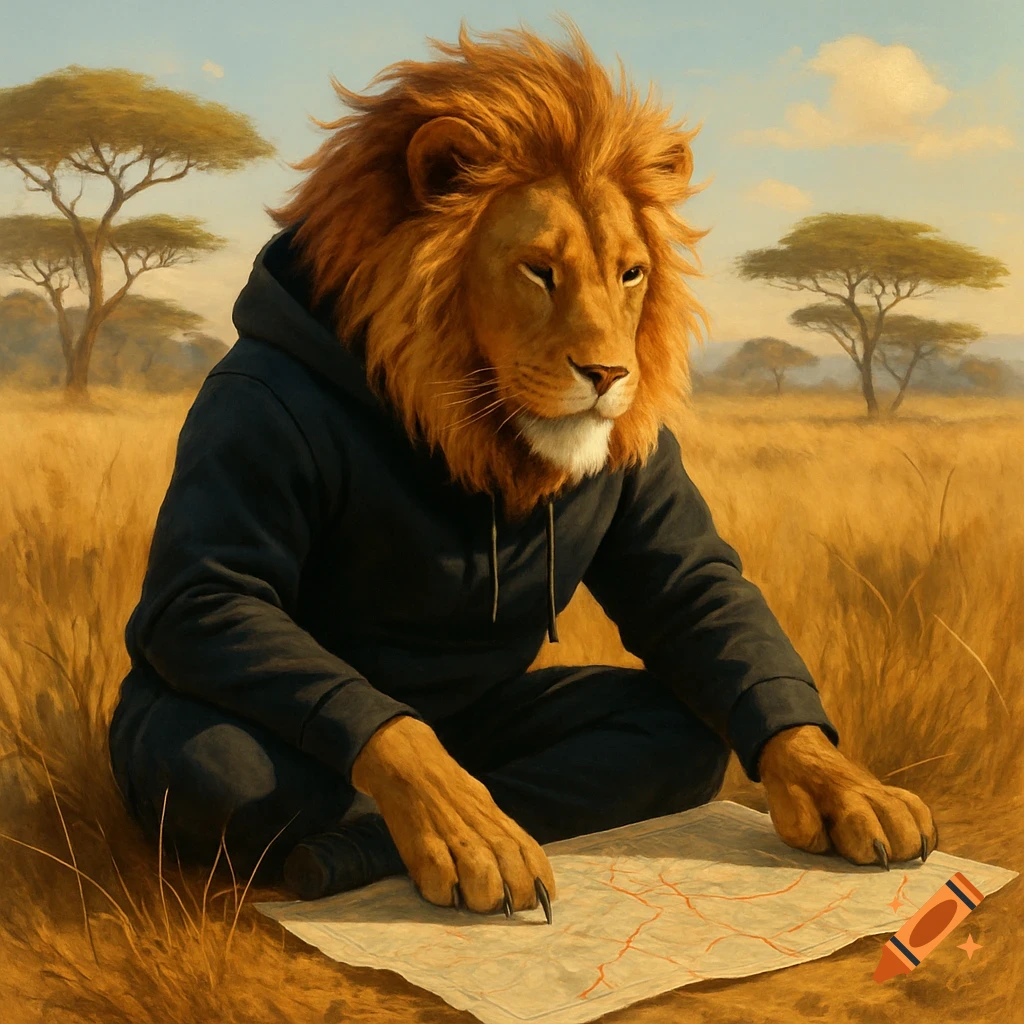 A lion in a black hoodie and joggers sits cross-legged in a golden savanna, intently looking at a map with its paws.