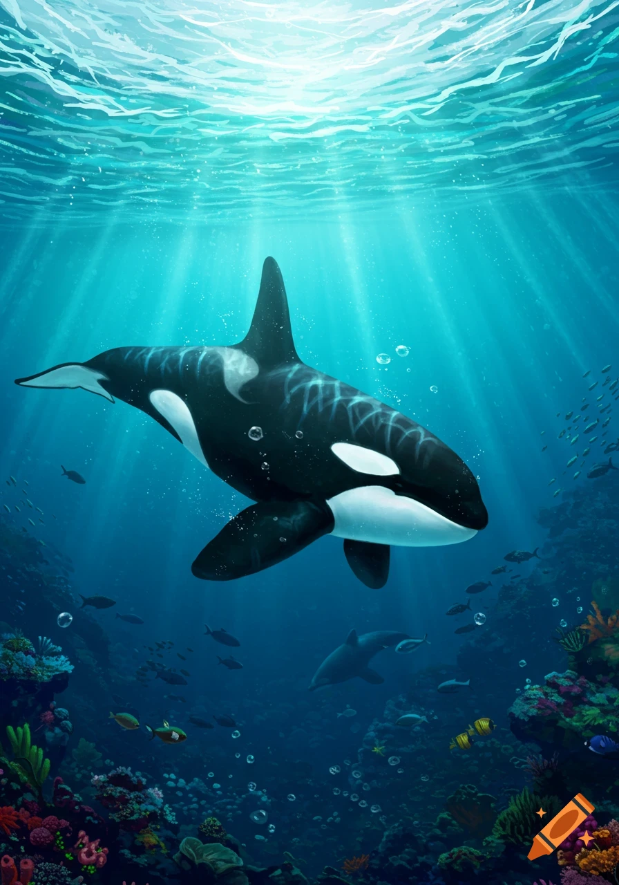 A majestic orca swims through a bright, sun-drenched coral reef in clear blue water, surrounded by tropical fish.