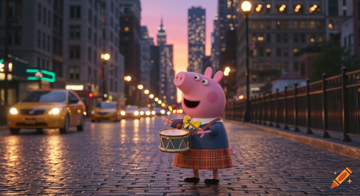 Peppa Pig in a preppy outfit plays a drum on a cobblestone New York City street at dusk, with glowing city lights.