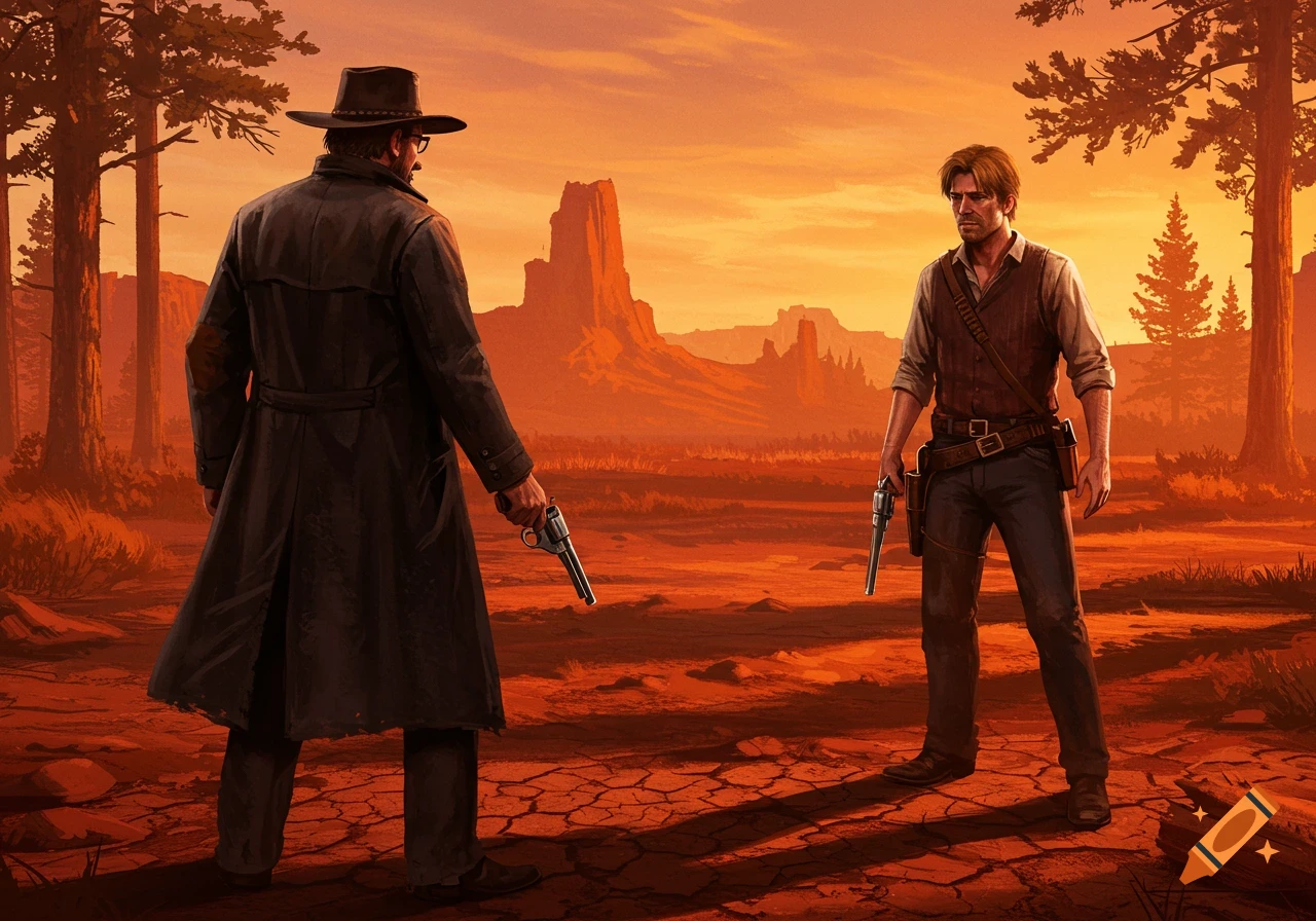 Illustrated Western scene with two men in a desert standoff, holding revolvers against an orange sky.