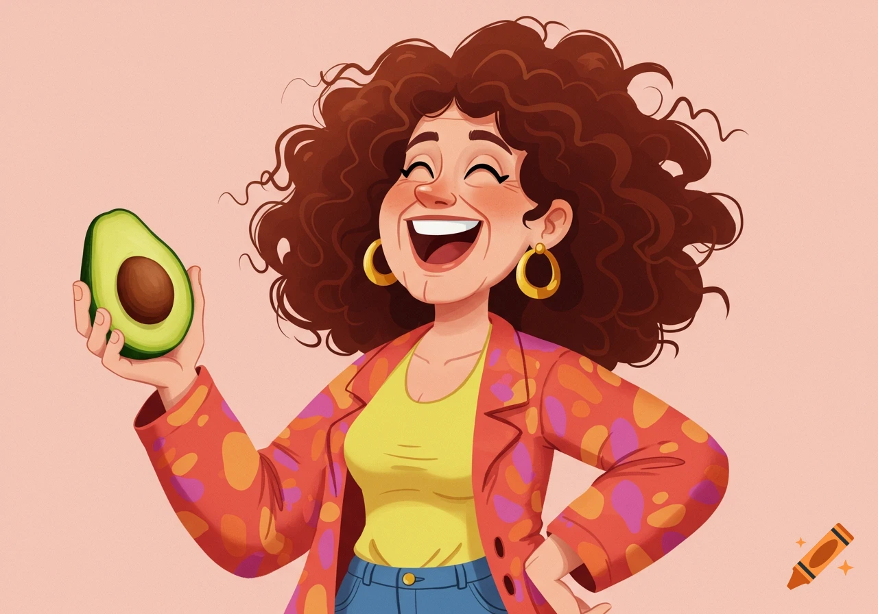 A cartoon of a smiling woman with curly brown hair, wearing a patterned jacket, holding a halved avocado.