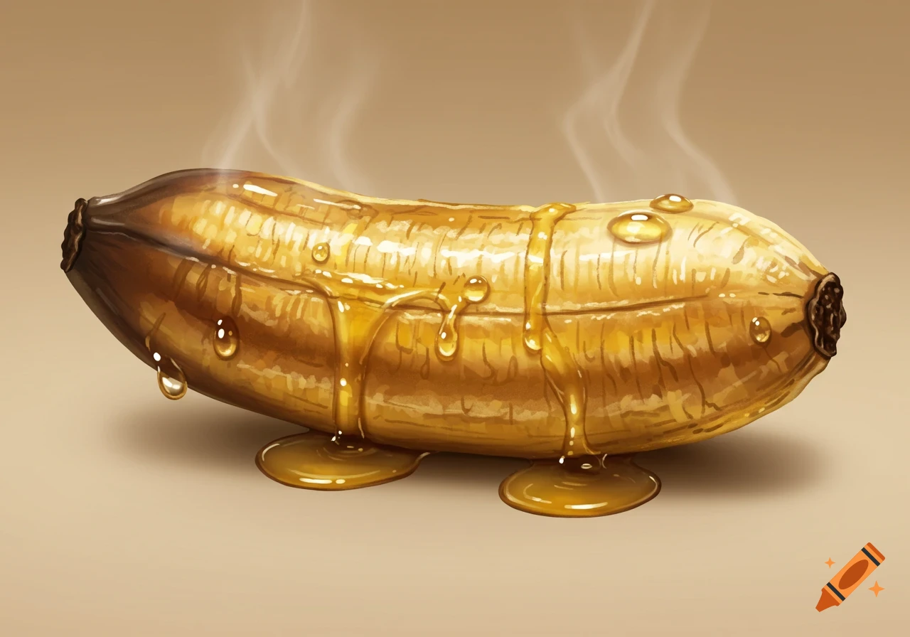 A steaming, caramelized banana covered in dripping golden syrup, on a light brown background.