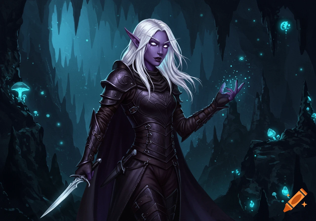 A female Drow elf with purple skin, white hair, and glowing eyes, in dark armor, holding a dagger and casting magic in a glowing blue cave.
