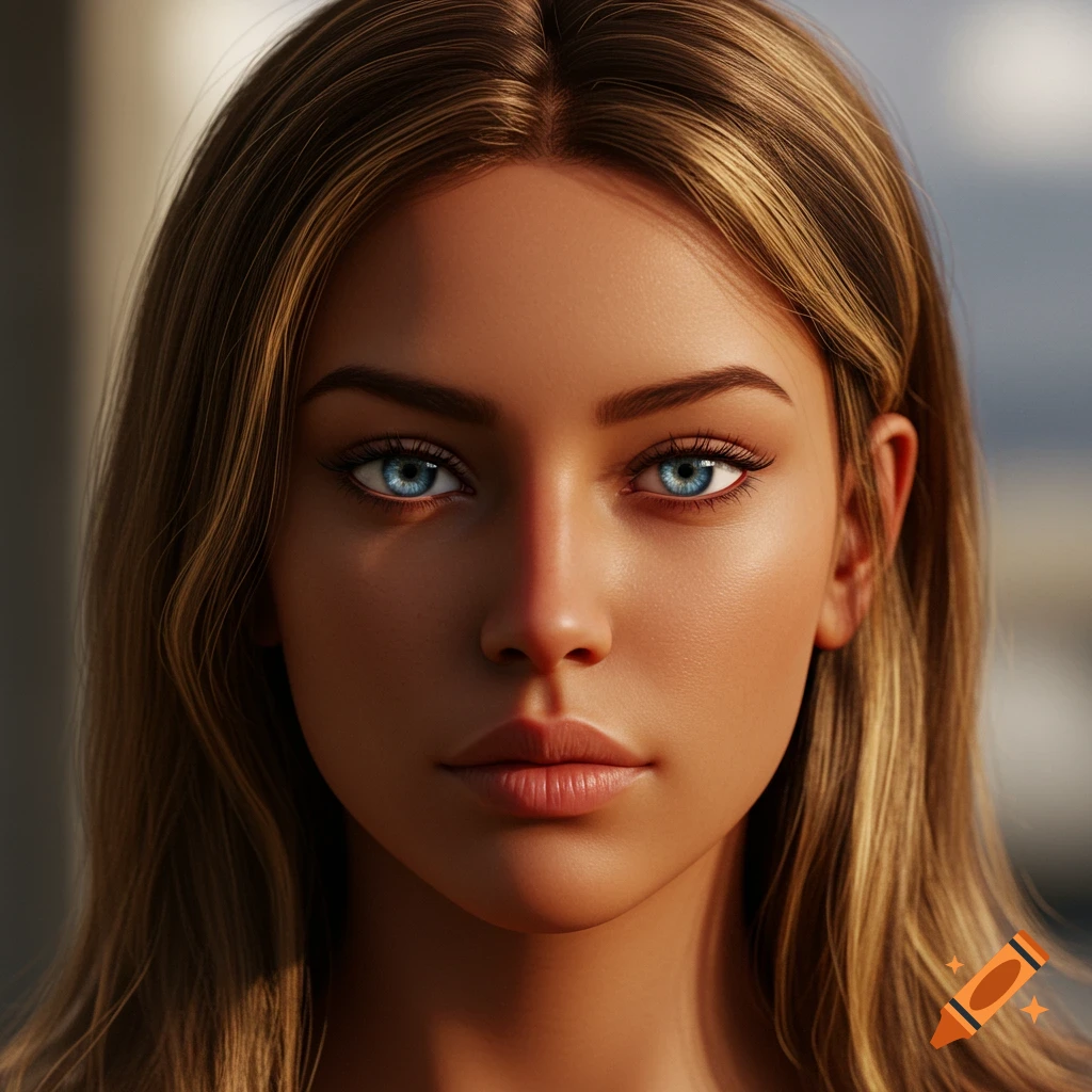 Close-up photorealistic portrait of a woman with tan skin, striking blue eyes, and light brown hair with blonde highlights.