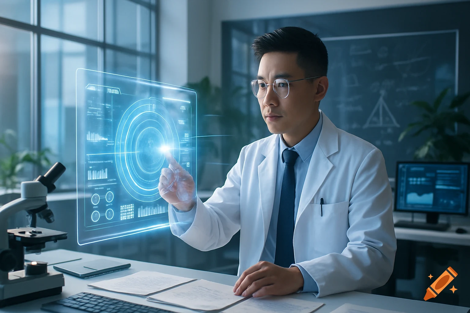 An Asian man in a lab coat and glasses interacts with a glowing holographic screen filled with blue data in a modern lab.