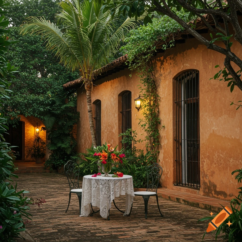 A secluded, lush tropical courtyard with a terracotta building, a palm tree, and a table set with flowers and lace tablecloth.