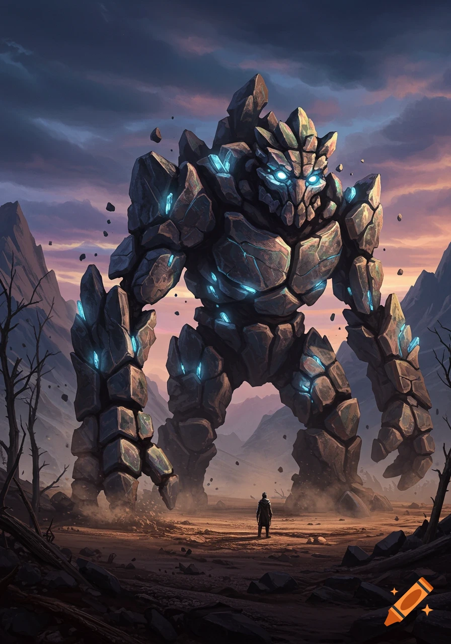 A massive, glowing rock monster with blue crystal accents looms over a tiny human figure in a barren, rocky landscape under a dramatic sky.