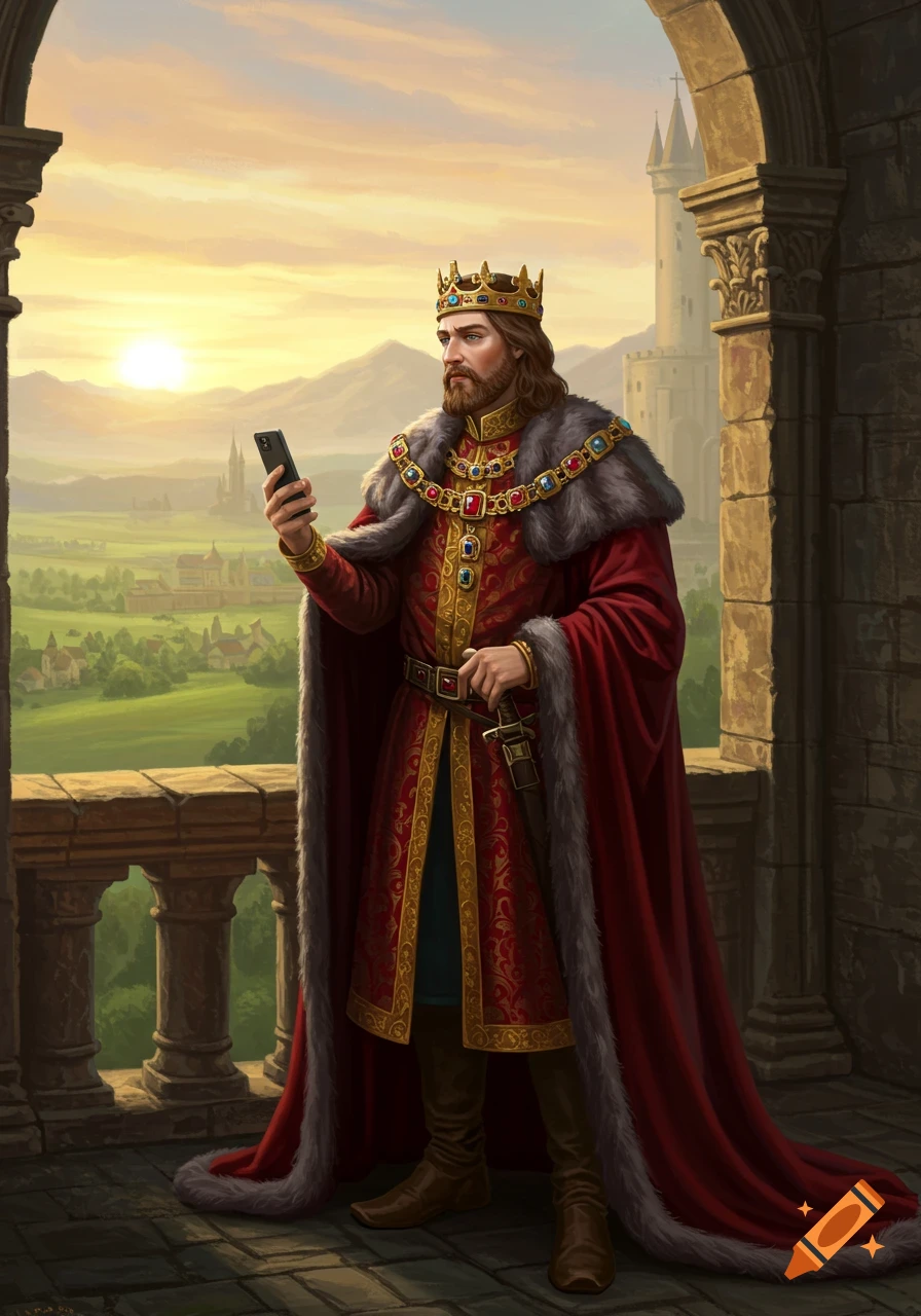 A regal medieval king in a red robe and crown stands on a castle balcony, intently looking at a smartphone as the sun sets.
