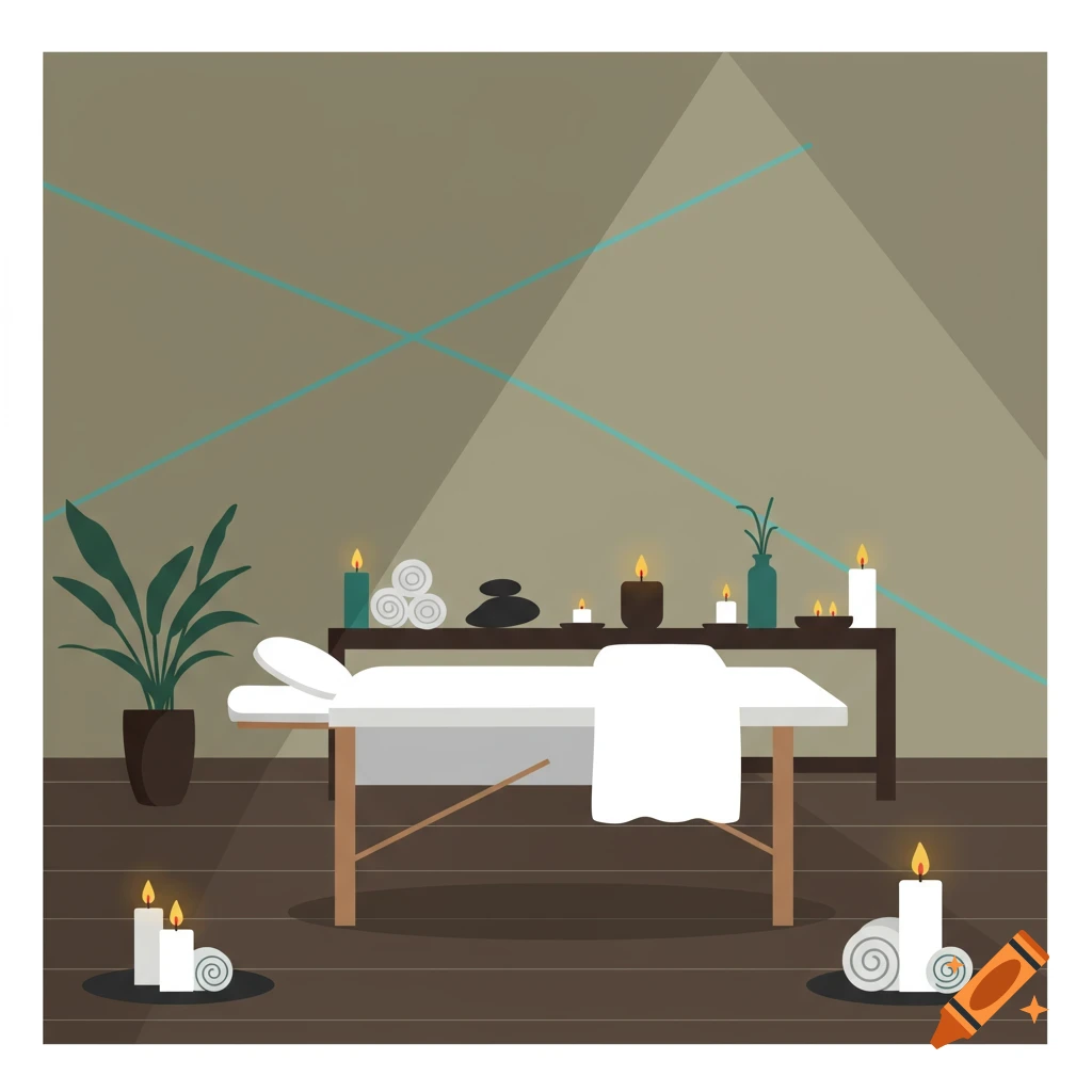Illustration of a serene spa therapy room with a white massage table, glowing candles, and a potted plant.