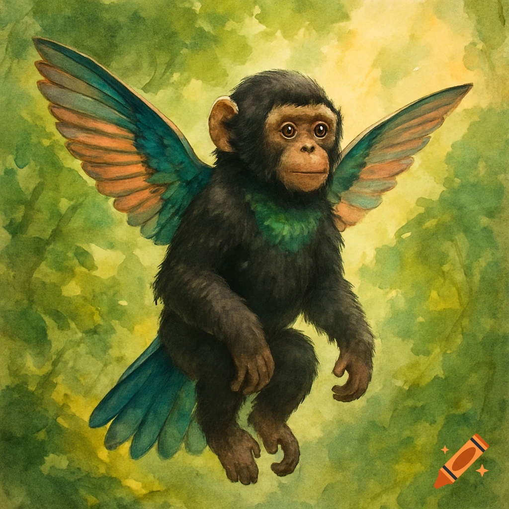 A watercolor illustration of a chimpanzee with colorful hummingbird wings and tail feathers, floating in a lush green jungle.