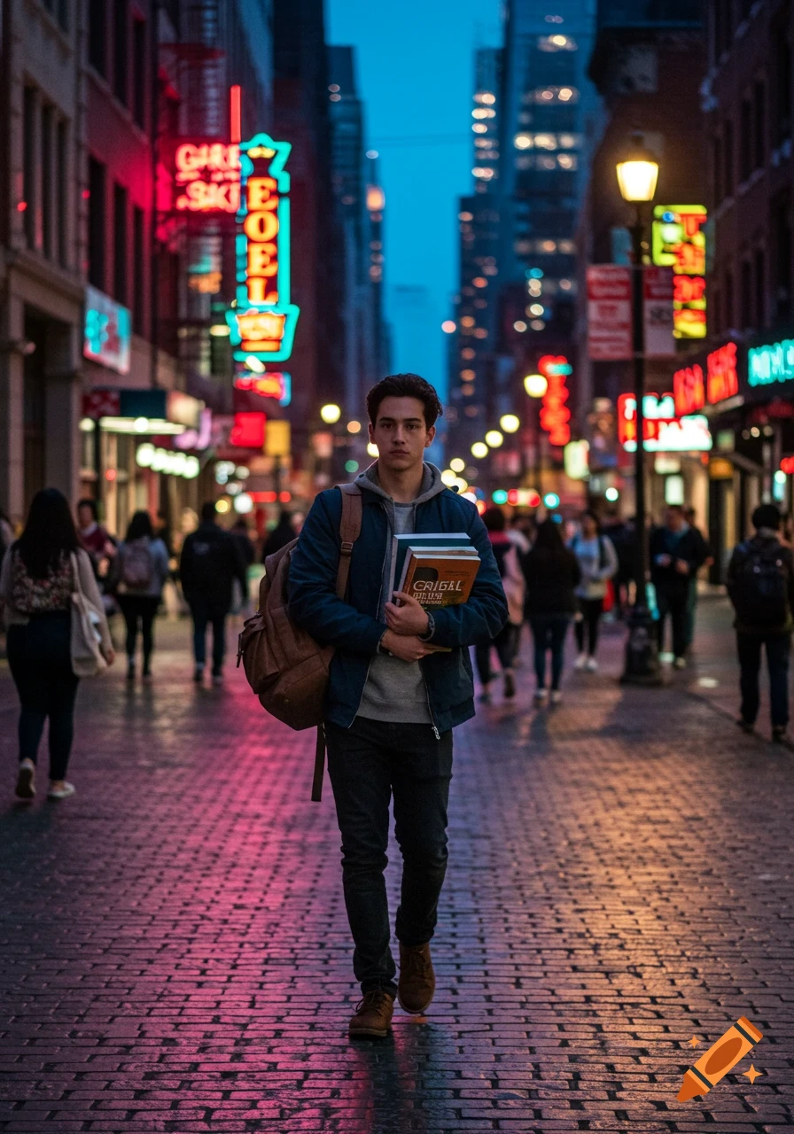 A photorealistic image of a young male college student with a backpack holding books, walking on a neon-lit city street at dusk.