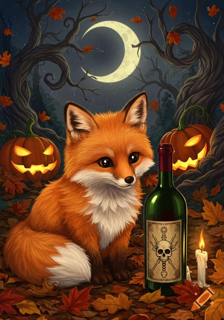 A cute orange fox sits on autumn leaves between glowing jack-o'-lanterns and a wine bottle with a skull label, under a crescent moon.