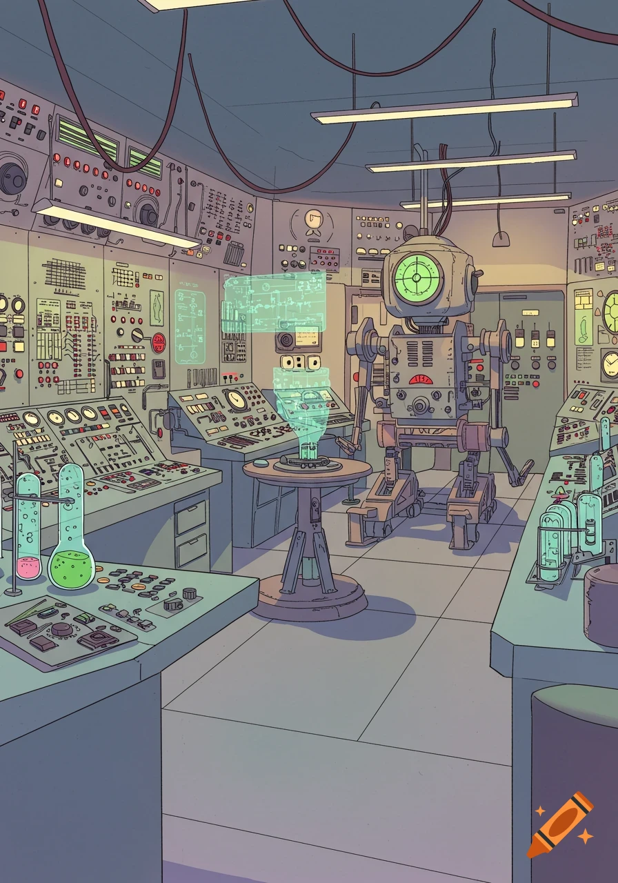 A retro-futuristic anime-style laboratory with control panels, beakers, glowing screens, and a large, bipedal robot in the center.
