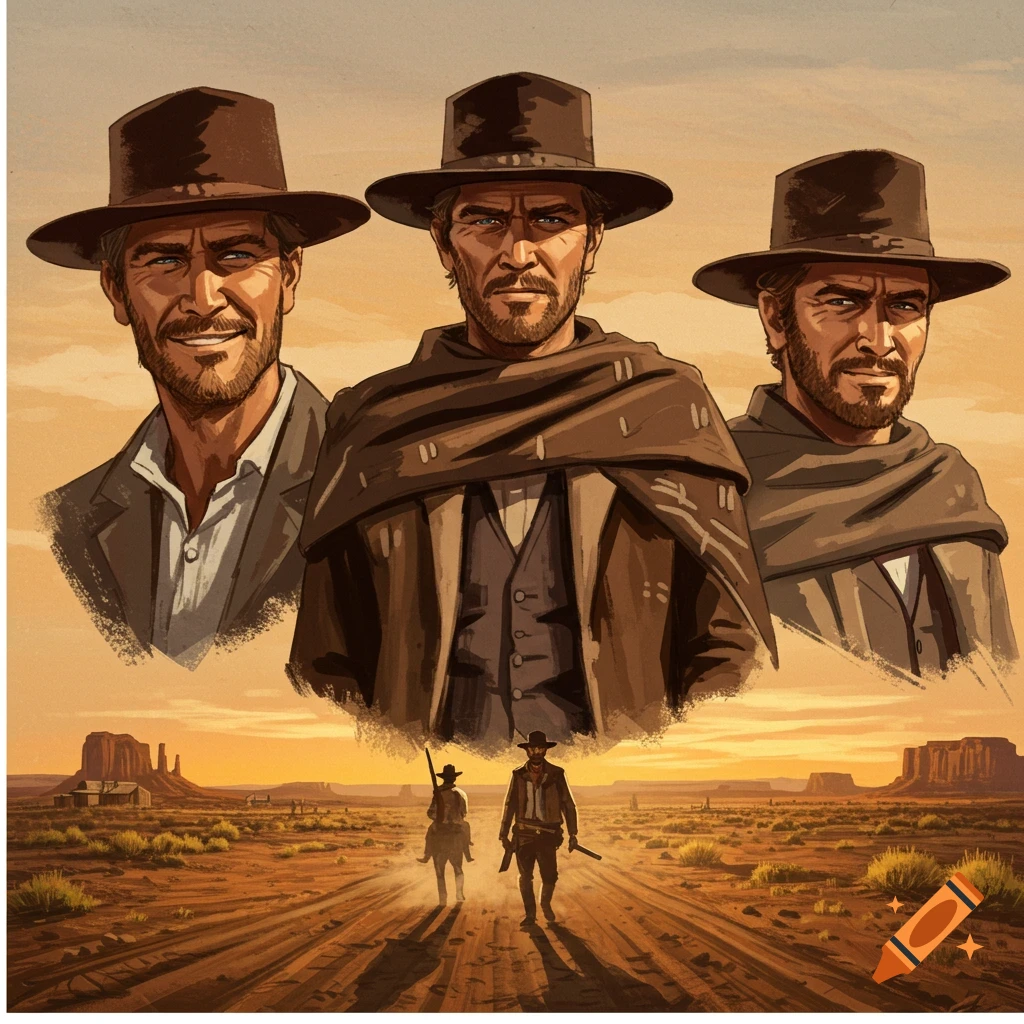 Illustrated poster of three cowboys above a desert landscape with two figures walking into a sunset.