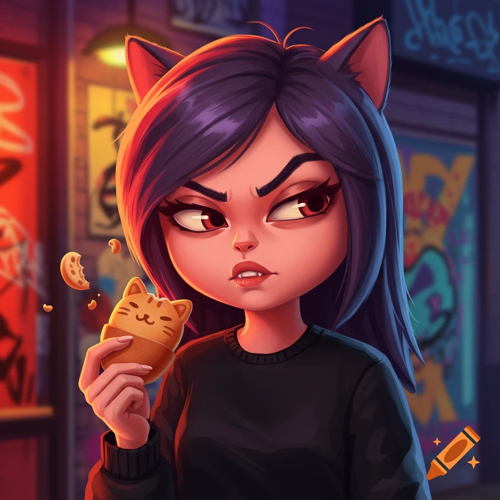 Cartoon cat girl with angry expression holds a cat-shaped cookie on a graffiti-filled urban street.
