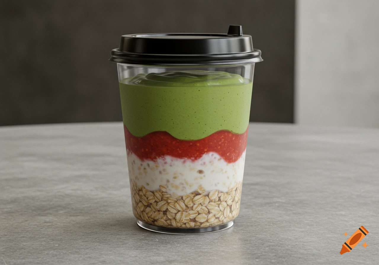 A transparent to-go cup filled with layers of milky oats, strawberry puree, and green matcha cream, sitting on a gray cement table.